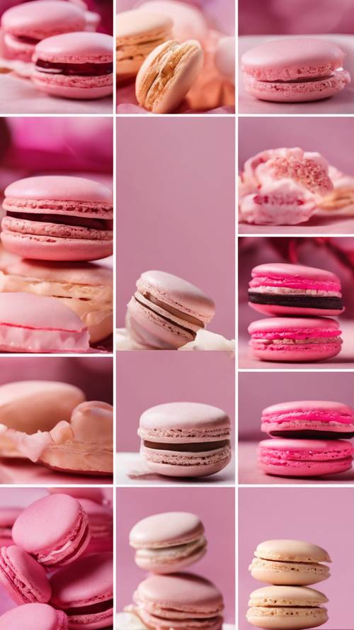 Một bức ảnh ghép mô tả các loại bánh macaron màu hồng khác nhau.