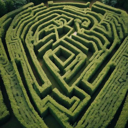 A bird's eye view of a maze constructed from green hedges within a wooden landscape. Tapet [cc0f8914b40f4b32bd45]