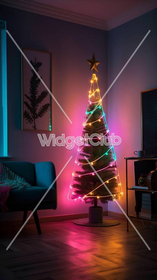 Luzes coloridas da árvore de Natal em uma sala moderna