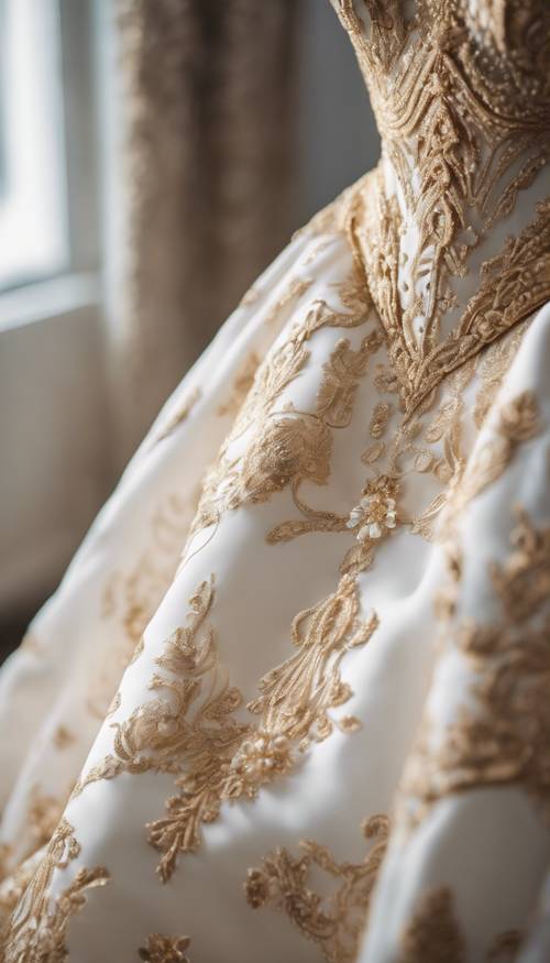 Em primeiro plano, há um vestido de noiva com intrincados detalhes em damasco dourado sobre seda branca.