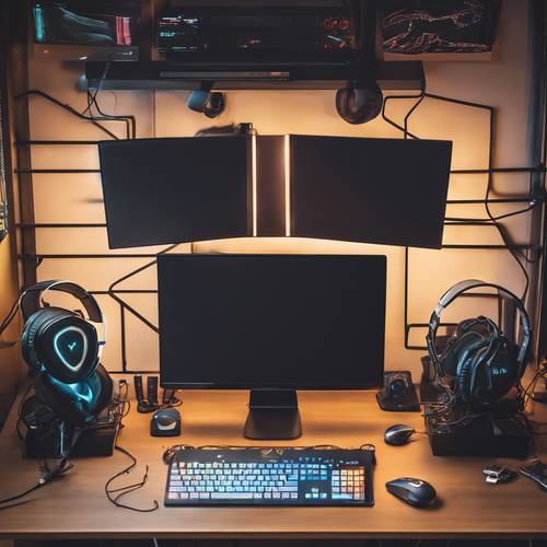 Top view of a well-organized desk with multiple monitors, gaming keyboard and mouse and a lit gamer headset. Tapet [310aa5f4b5ba4af79ccb]