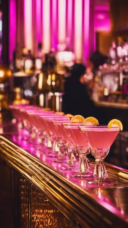 Un bar de cócteles de estilo art déco en tonos rosas y dorados, lleno de glamour y elegancia.