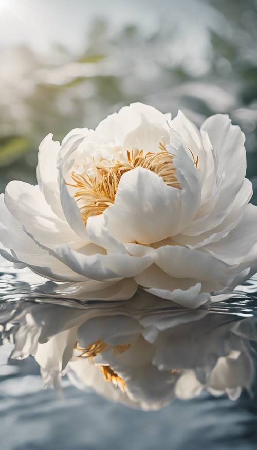 A delicate white peony with golden edges floating on a serene pond.