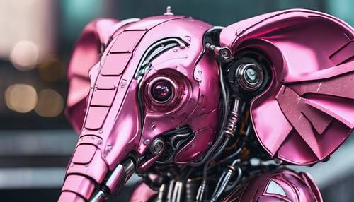 Robot gajah merah muda metalik yang futuristik.