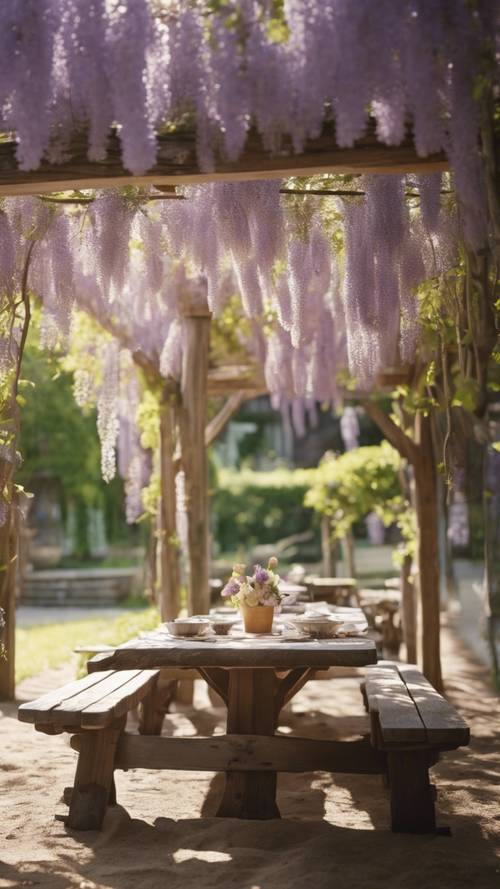 Une table de pique-nique rustique dressée pour un repas sous une pergola drapée de glycine, le tout baigné de la douce lumière du soleil printanier.