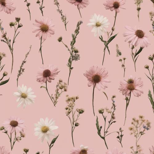A seamless wildflower pattern on a blush pink background for a romantic aesthetic.