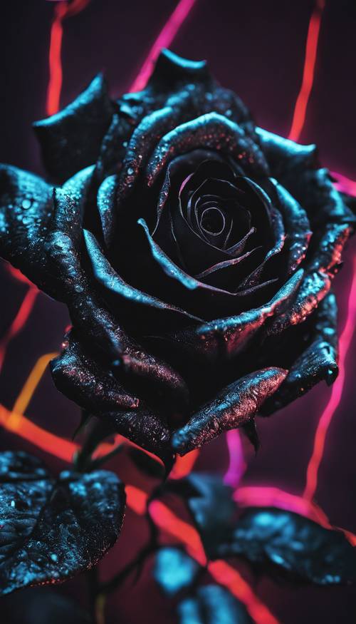 Cận cảnh một bông hồng đen được bao quanh bởi ánh sáng đen neon.