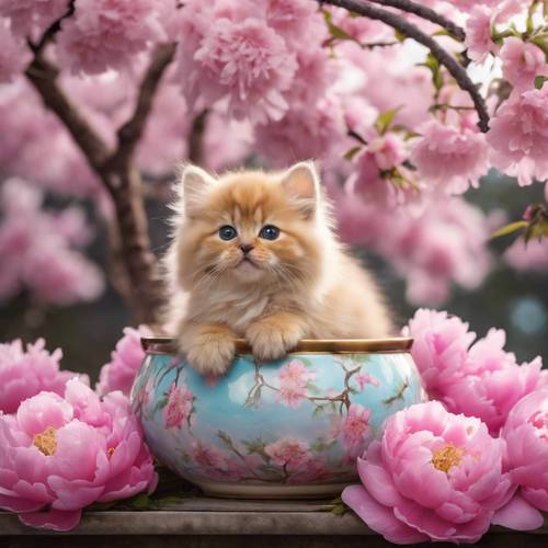 Seekor anak kucing Chinchilla emas duduk di pot porselen penuh bunga peoni cerah, berjemur di bawah pohon sakura di puncak musim semi.