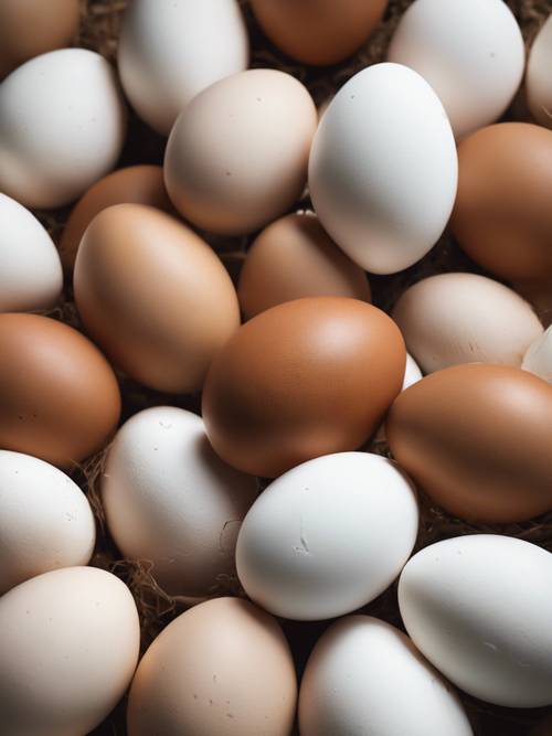Bodegón de huevos frescos de granja en varios tonos de marrón y blanco.