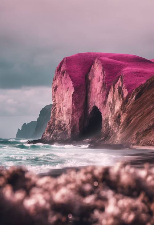 Tebing gunung curam berwarna merah muda jatuh ke ombak laut yang menderu.