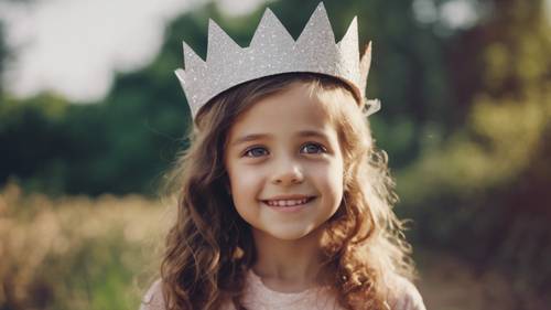 一個眼睛閃閃發光的小女孩，高興地戴著自製的紙冠。
