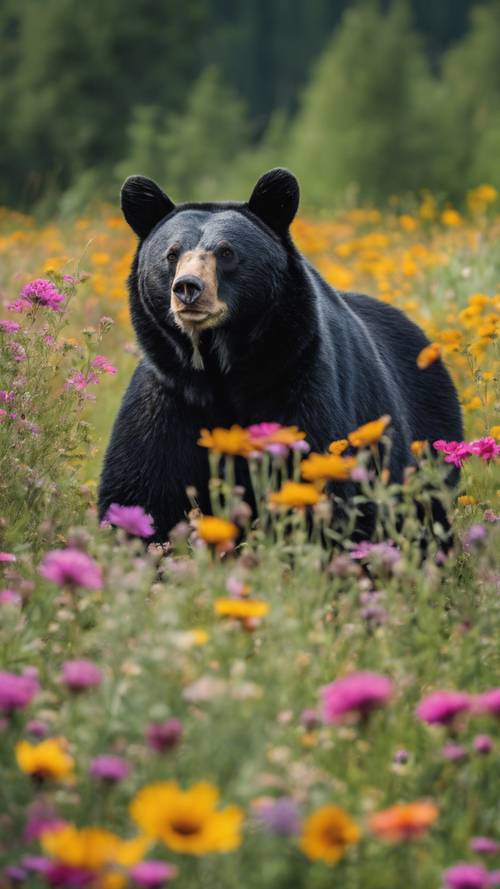 A pair of black bears interacting playfully amidst a carpet of vibrant wildflowers.