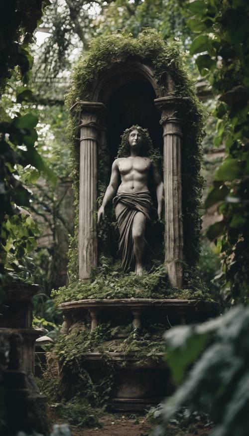 Изображение таинственного заброшенного темного сада, заросшего густыми колючими лозами и осыпающимися статуями.