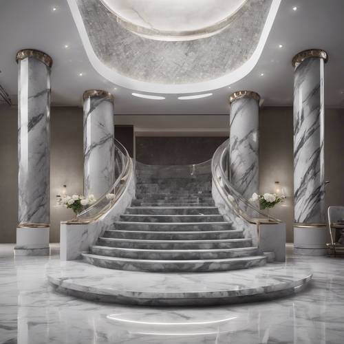 Uma escadaria elegante e imaculada construída em mármore cinza e branco.