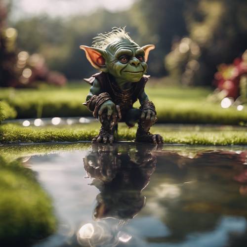 A puny goblin, looking at itself reflect in a shiny, magical pool which shows it as a fearsome troll.