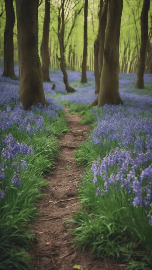 A serene spring scene of a forest carpeted with blooming bluebells. Tapet [663cd2fbd9af484a8363]