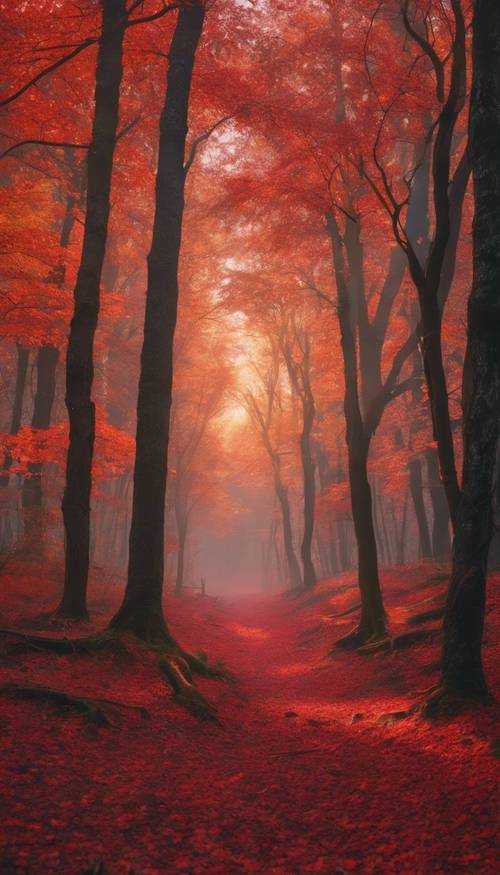 غابة الخريف الحمراء أثناء شروق الشمس، تلقي الضوء الذهبي على أرضية الغابة