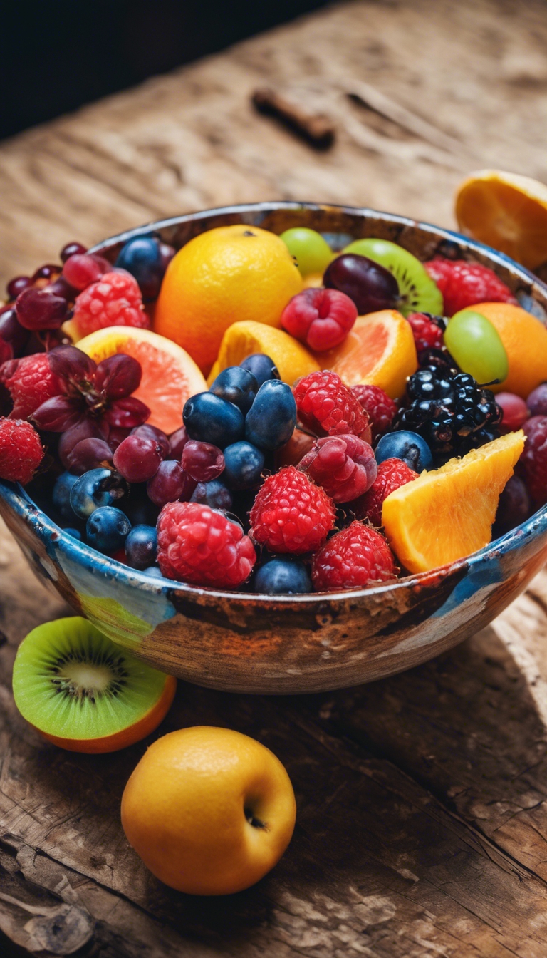 A vibrant painting of a bowl filled with colorful fruits on a rustic wooden table. Tapeta[6c7a7a2b4da84e82bffa]