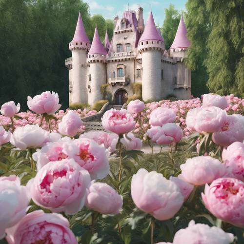 Un château de conte de fées peint aux pastels, entouré de jardins remplis de pivoines roses et de roses blanches.