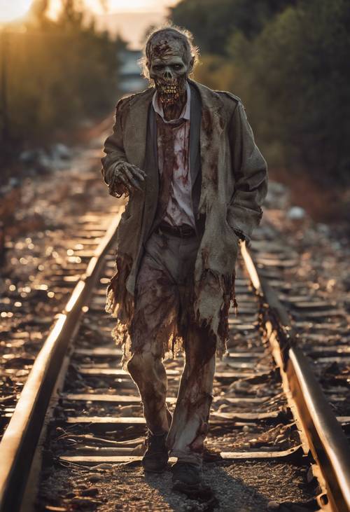 A zombie with tattered clothes lumbering across an abandoned railway track at sunset.