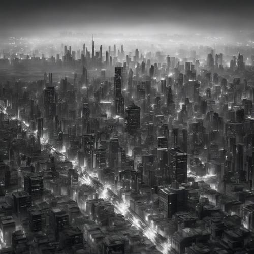 Eine futuristische Stadtlandschaft in monochromem Grau, beleuchtet von sanftem, diffusem Licht.