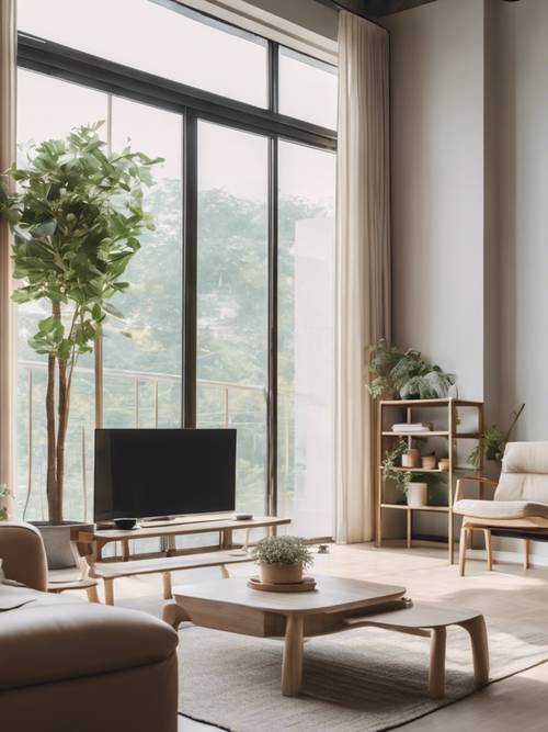 Una sala de estar coreana minimalista decorada con tonos neutros y plantas de interior.