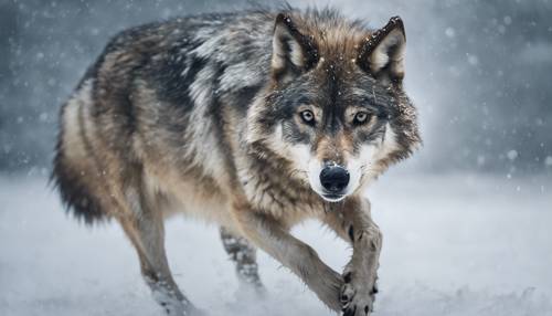 A single, powerful grey wolf sprinting through a blizzard in search of prey.
