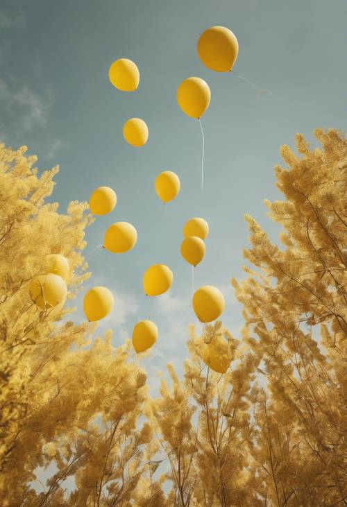 Globos ombre amarillos flotando en el cielo, exhibiendo tonos desde vara de oro en la base hasta amarillo pálido en la parte superior.