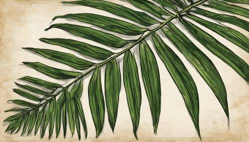 Ilustração detalhada de uma folha de palmeira tropical, em forma de esboço e envelhecida, em papel pergaminho.