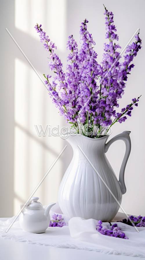 Purple Flowers in White Vase by Sunny Window