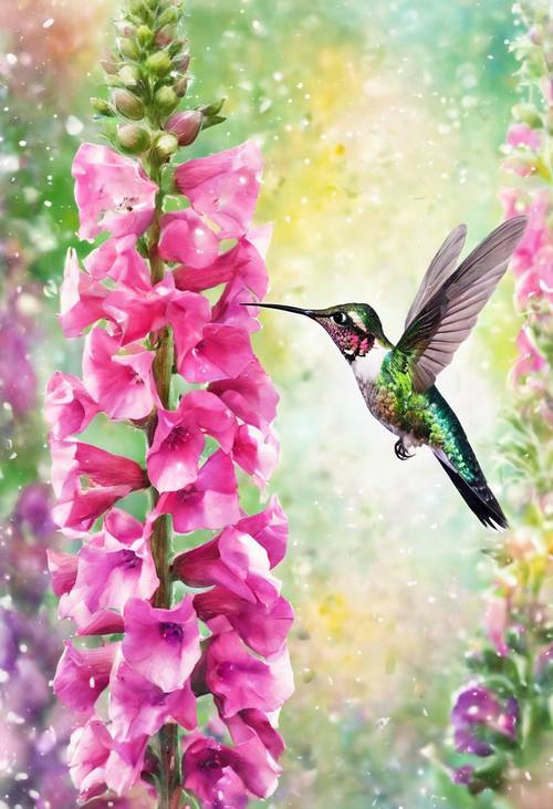 A watercolor artwork of a hummingbird drinking nectar from a colorful array of foxglove flowers in summer.