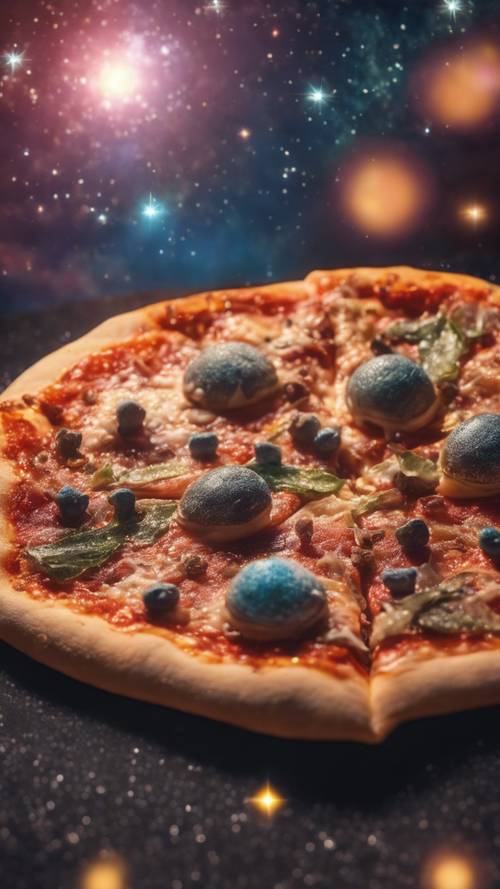 A pizza-shaped planet in a sparkling galactic sky among twinkling stars.