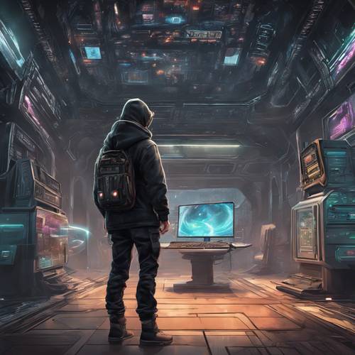 Người đam mê trò chơi mặc áo hoodie tối màu, mải mê chơi trò chơi phiêu lưu khoa học viễn tưởng.