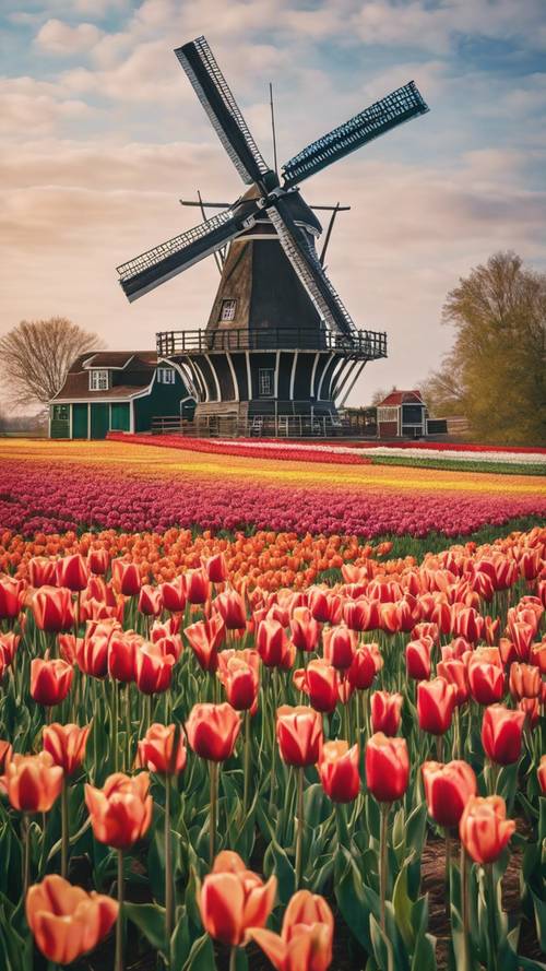 Un dipinto ad olio del mulino a vento olandese in Olanda, Michigan, tra campi di tulipani.