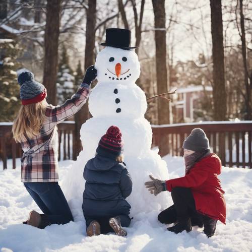 Eine adrette Familie baut gemeinsam im Hinterhof einen Schneemann