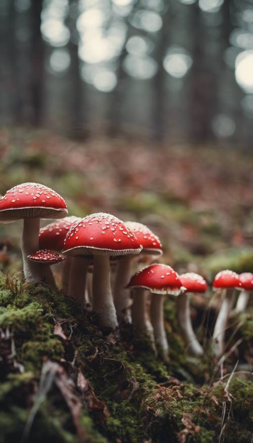 A gathering of red mushrooms with indie geometric patterns on the caps.