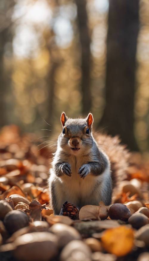 Ein kleines Eichhörnchen knabbert spielerisch an einer Eichel in einem herbstlichen Wald