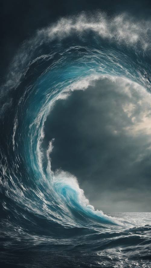 A giant whirlpool spiraling violently in the middle of a dark ocean.