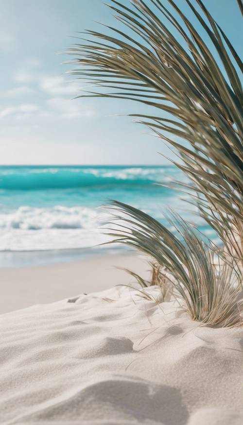 Ein unberührter weißer Sandstrand mit sanften türkisfarbenen Wellen, die den azurblauen Himmel widerspiegeln.