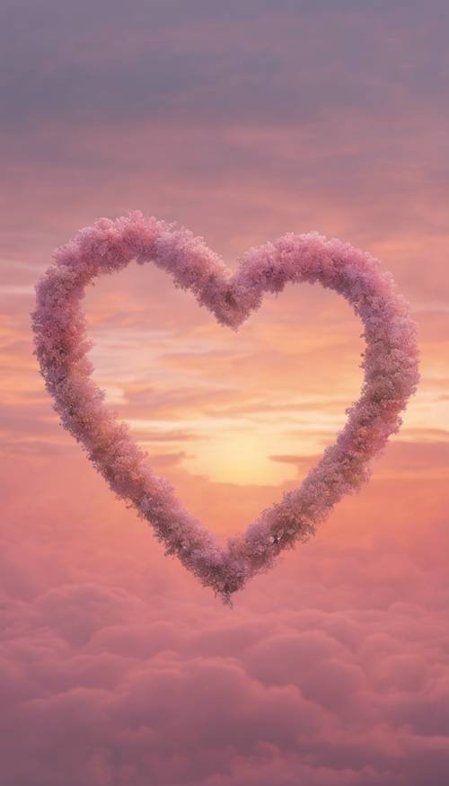 Eine Herzform, die auf magische Weise aus den sanften Pastelltönen des Sonnenuntergangs in einer Ecke des Himmels entsteht.