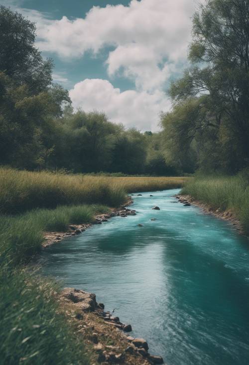 Um rio azul-petróleo silencioso fluindo através de uma planície tranquila.