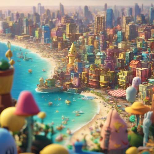 An animated skyline view of Bikini Bottom from SpongeBob SquarePants, presented in a 2D style.