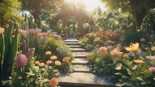 A botanical garden scene, the layout of the plants and flowers arranging into an anime quote.