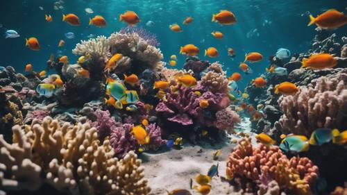 Pemandangan bawah laut berupa terumbu karang yang hidup dipenuhi ikan berwarna-warni.