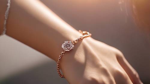 Gros plan sur le poignet d&#39;une femme orné d&#39;un bracelet à breloques en or rose au soleil.