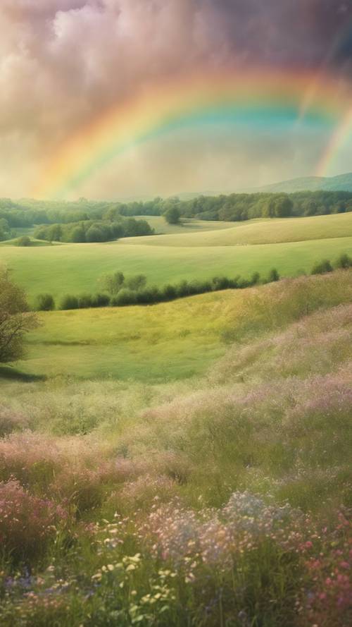 A vintage landscape painting of a pastoral field touched by a soft and delicate rainbow.