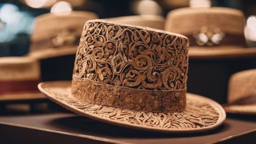 A close view of a cork hat with intricate designs on display at a Cork boutique. Tapet [d574a41c105c4589ad67]