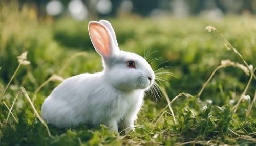 Ein entzückendes weißes Kaninchen, das friedlich auf einem grünen Grasfeld eine Karotte mampft.