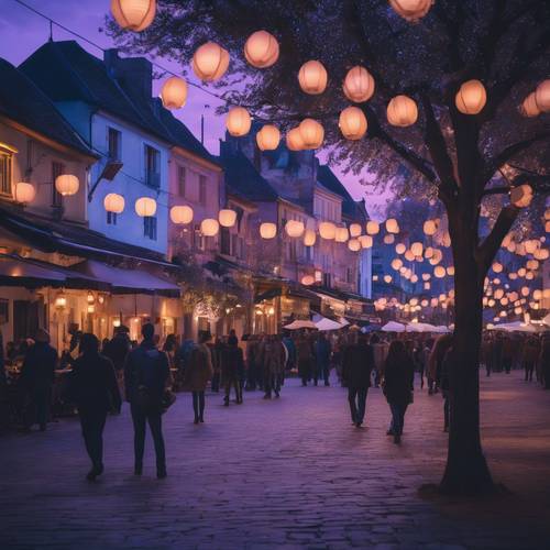Ein in der Abenddämmerung beleuchteter Stadtplatz, umgeben von leuchtenden Laternen in beruhigenden Blau- und Lilatönen.