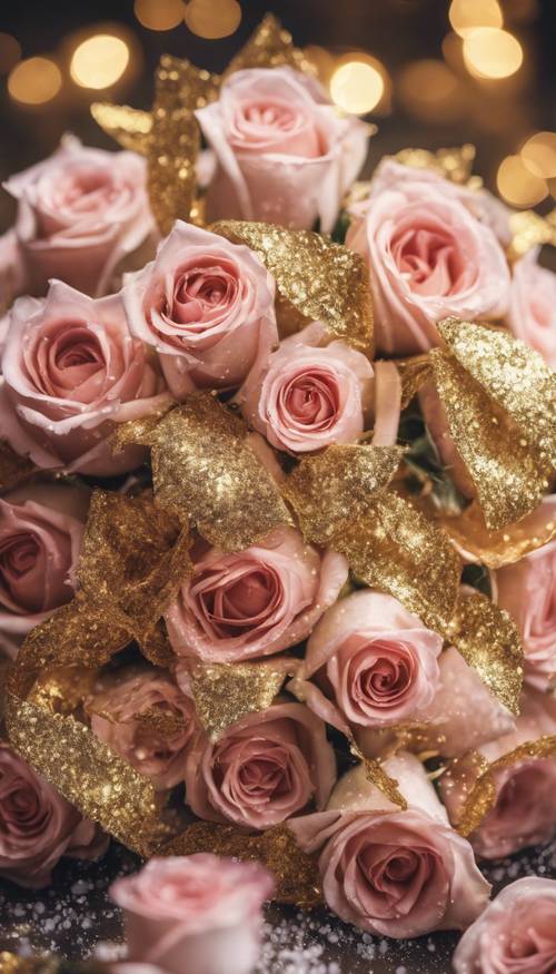 一束盛开的玫瑰，上面密密麻麻地撒满了金色亮片。